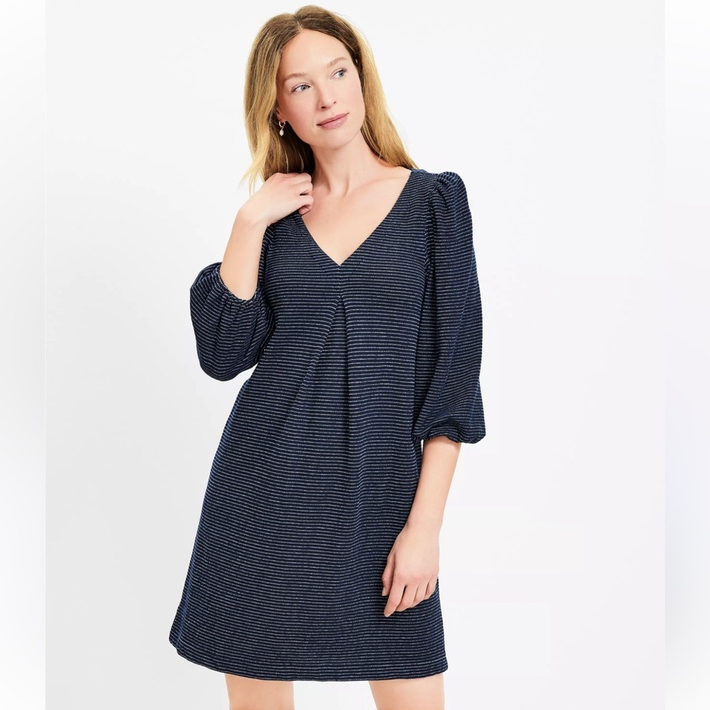 LOFT Navy Striped 3/4 Puff-Sleeve Textured Pleated Mini Dress